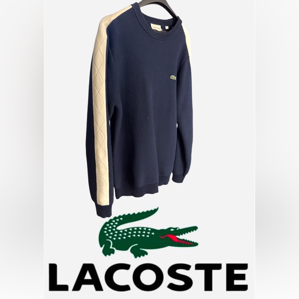 Navy Blue Lacoste Mens Crewneck
Sweater with Creme Sleeve Embellishment- L to XL